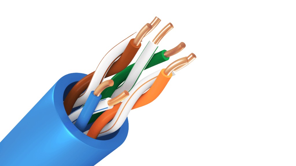 Cabo de par trançado com quatro pares de fios, utilizado em redes Ethernet modernas para transmissão de dados de alta velocidade.